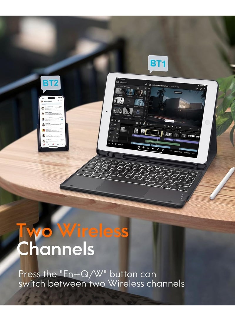 Arabic/English Keyboard Case for iPad 9th Generation, 7 Color Backlit, Multi-Touch Trackpad, Built-in Pencil Holder, 2 Wireless Channels, Flip Stand Keyboard Case for iPad 9th/8th/7th Gen 10.2” , Black - Image 3